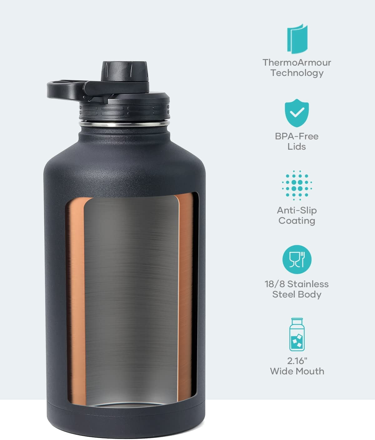 Buzio 64 oz Insulated Water Bottle with Straw & 3 Lids, Half Gallon Water Bottle Stainless Steel with Carrying Strap for Gym Sports Outdoor Hiking, Magic Black