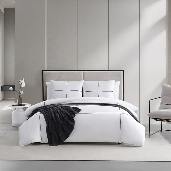 Vera Wang - Queen Duvet Cover Set, Luxury Cotton Sateen Bedding with Matching Shams, All Season Home Decor (Zig Zag White, Queen)