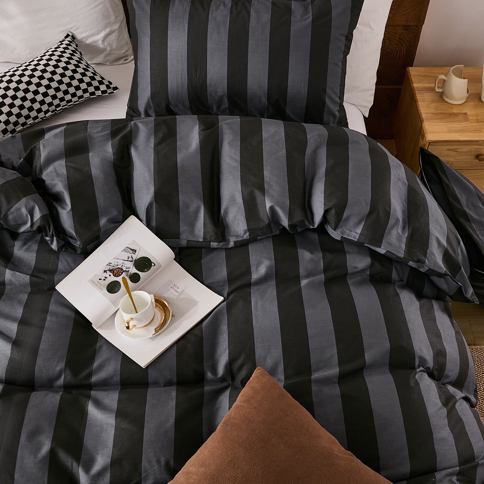 100% Cotton Stripe Duvet Cover Set Queen Size - Gray Striped Duvet Cover Set with Zipper Closure & 8 Corner Ties, Modern Minimalist Wide Stripe Bedding Set for Cozy Elegant Bedroom