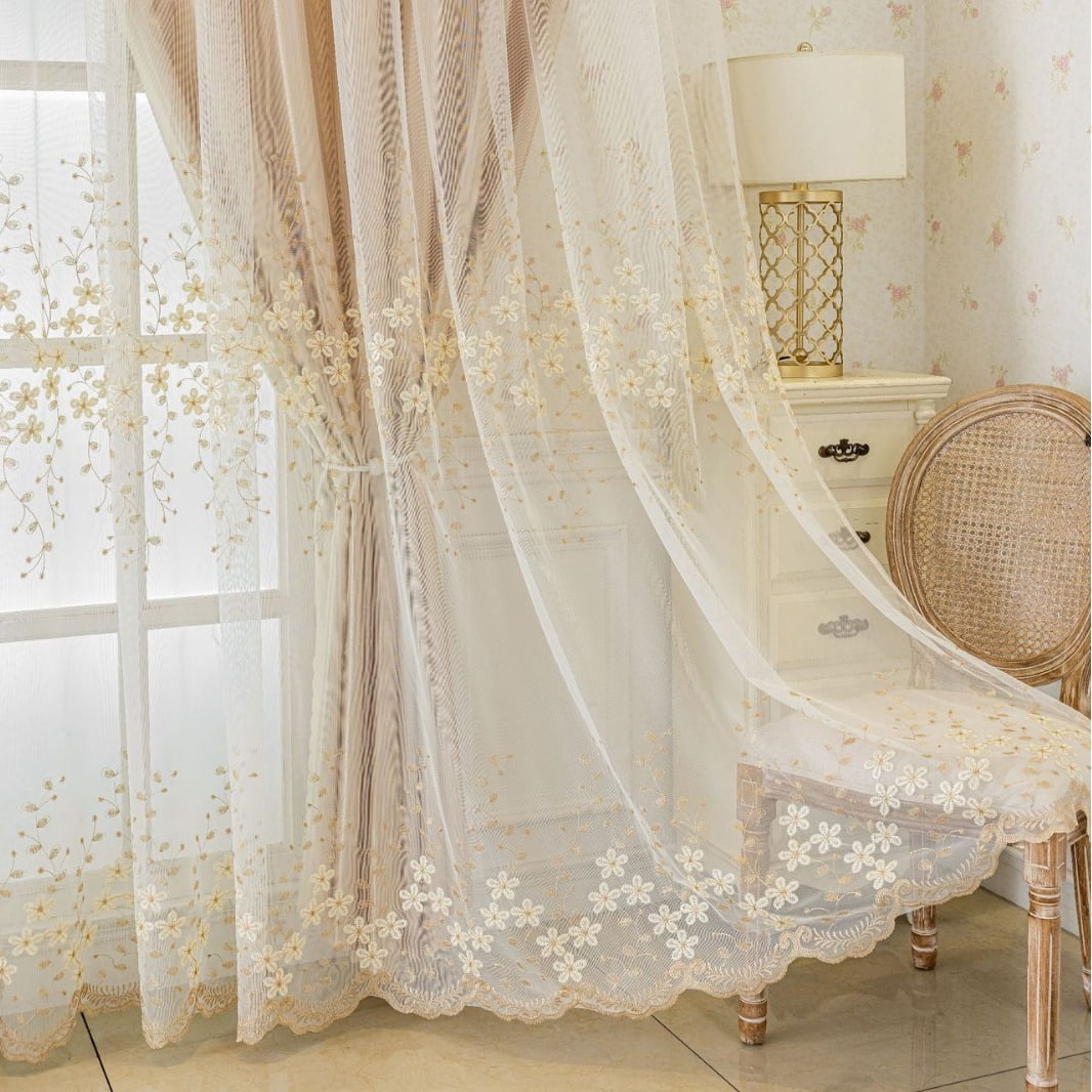 Sunyuer 2 Panels Luxury Embroidery Double Layer Blackout Curtains for Living Room Bedroom European Floral Darkening Curtains Beige 2 Layers Curtains with Lace Valance Grommet