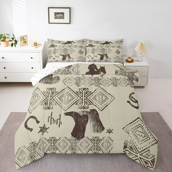 Erosebridal Boho Aztec Comforter Sets Queen Size,Western Cowgirl Boots Hat Bedding Queen Comforter Set,Horseshoe Decor,Reversible,Breathable,3-Piece