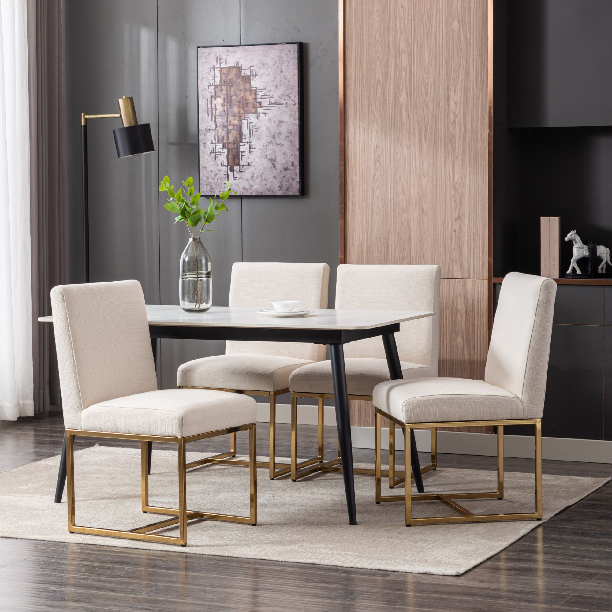 Dayalane Mid Century Modern Dining Chairs Set of 4, Beige Linen Upholstered Kitchen & Dining Room Chairs with Gold Metal Frame, Armless Side Chairs for Living Room