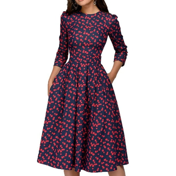 Women Spring Dress Floral Print Long Sleeve High Waist Dresses