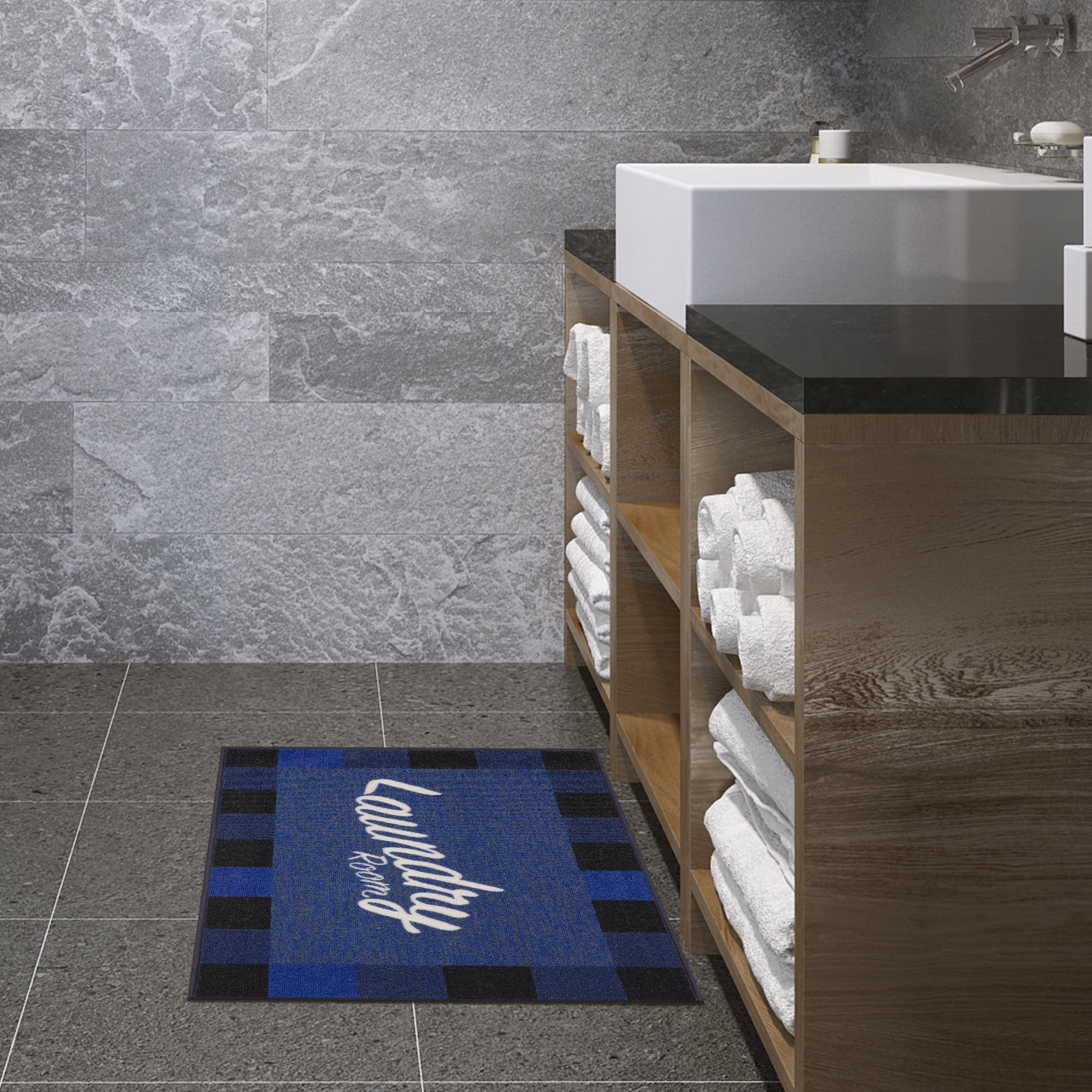 Ottomanson Non-Slip Rubberback Checkered 2x3 Laundry Room Rug, 26" x 35", Blue