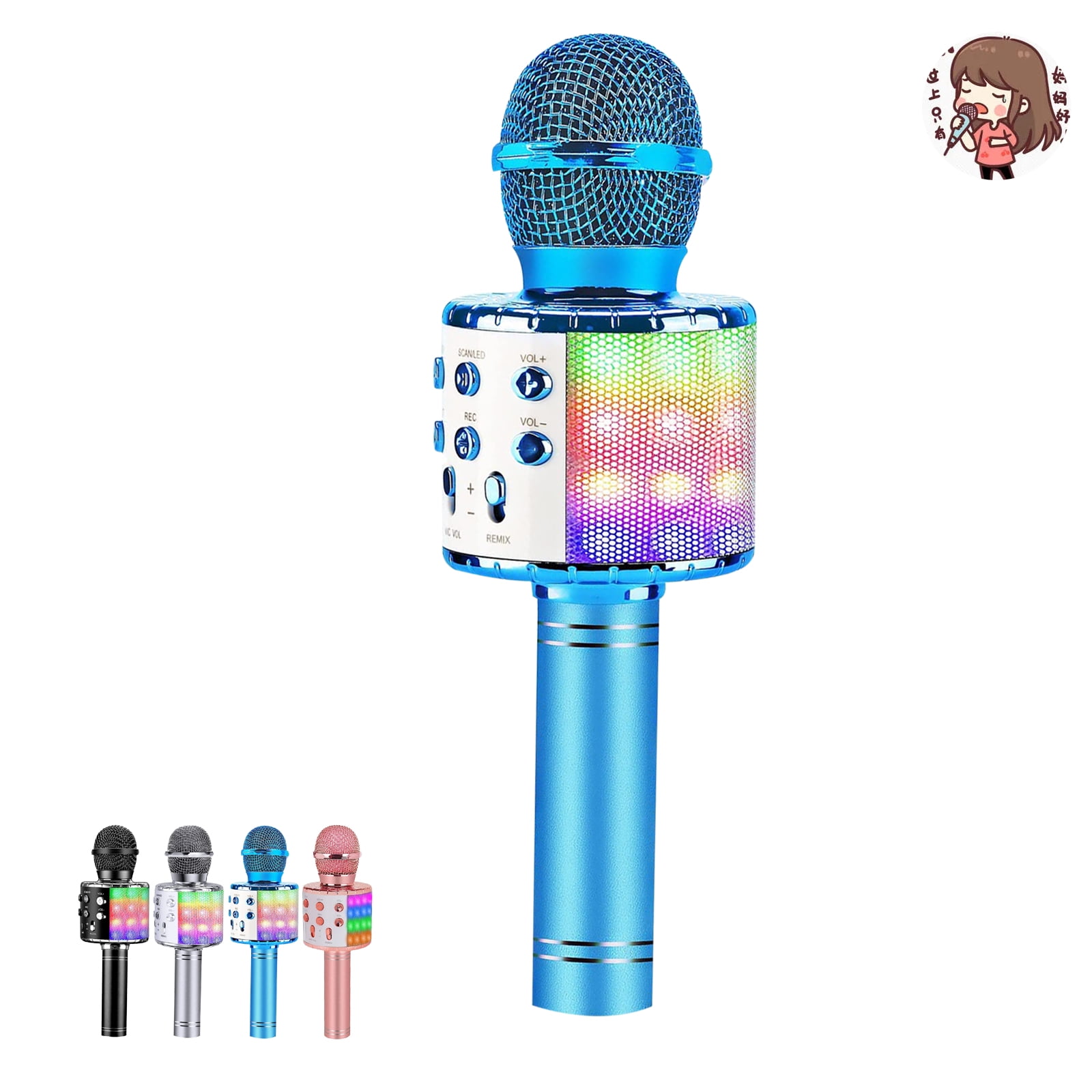 Wireless Bluetooth Karaoke Microphone Portable Handheld Karaoke Mic Speaker with Led Lights for Home Party Birthday Karaoke Microphone for Kids Blue Gift for 4-12 Year Old Girls Boys Singing
