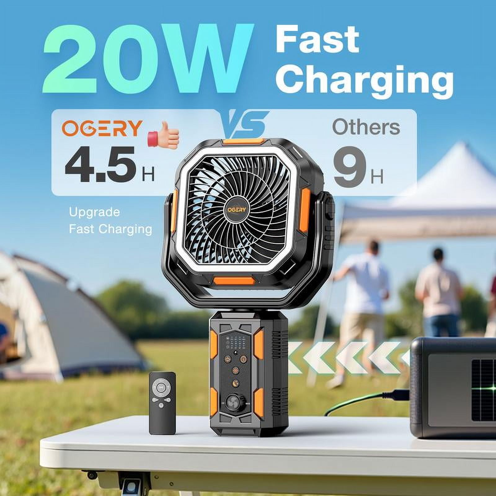 Camping Fan with Detachable Tripod,20000mAh Rechargeable Fan with LED Lights & 270° Pivot,4 in 1 Cordless Camping Fan,Remote Control Shaking Head Desk Fan for Camping Tent Travel Bedroom Portable