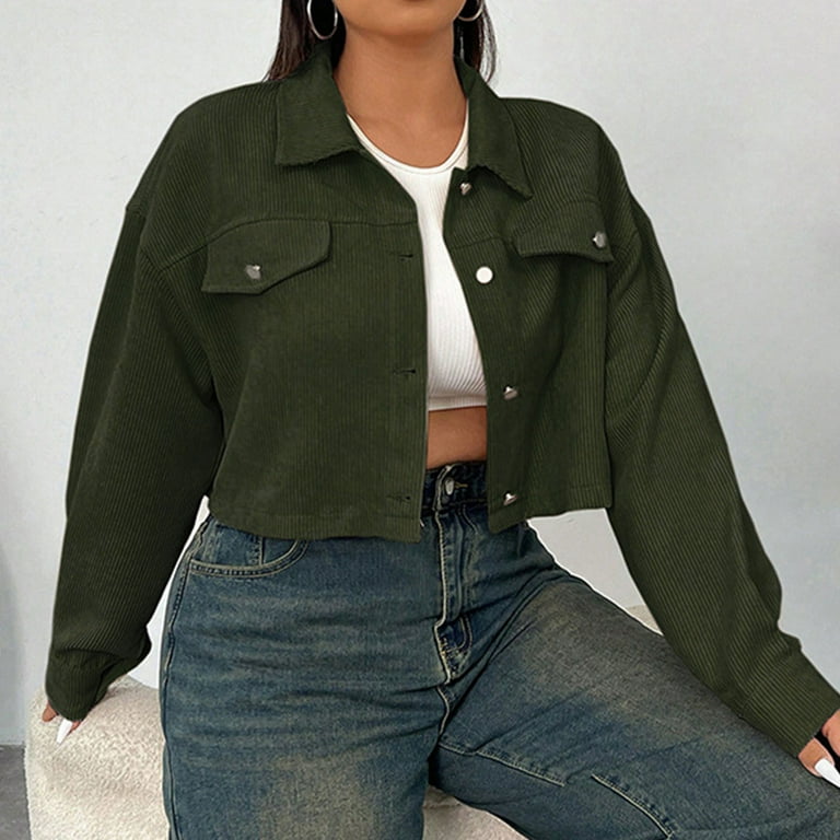 Oksale Plus Size Corduroy Jacket for Women Cropped Button Down