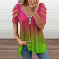 thumbnail image 2 of Green Pink Gradient Print Womens Summer V Neck Zipper Top Short Sleeve T Shirt Off Shoulder Top Casual Classy Loose Shirts, 2 of 7