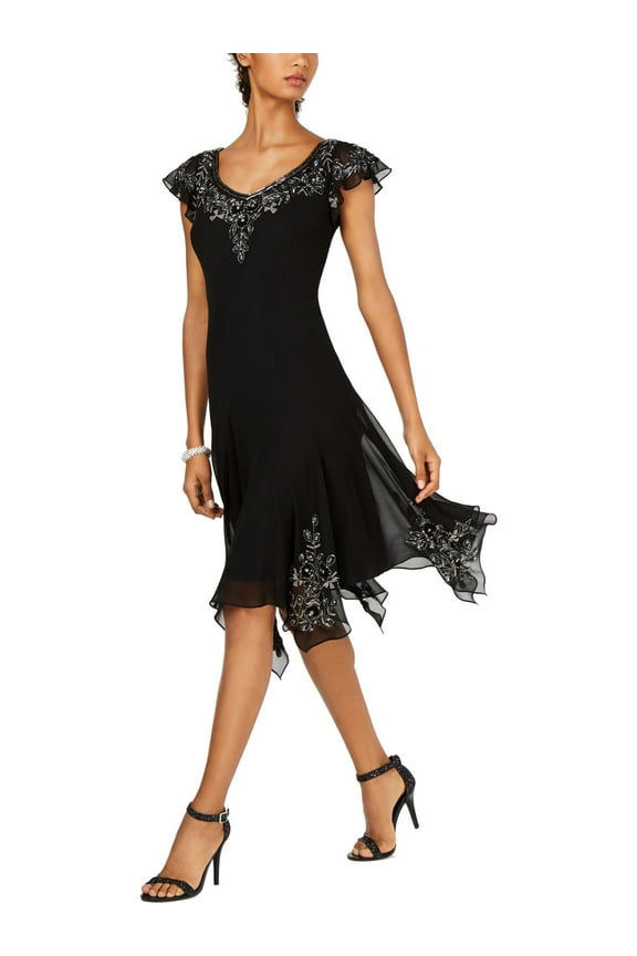 JKARA Womens Black Short Sleeve Below The Knee Trapeze Party Dress Size: 10