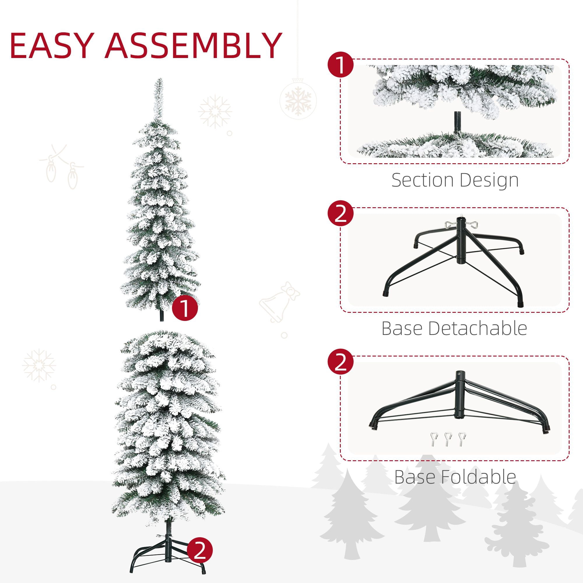 6ft Snow-Flocked Christmas Tree, Slim Pencil Xmas Tree with 395 Realistic Branches & Metal Base, Green
