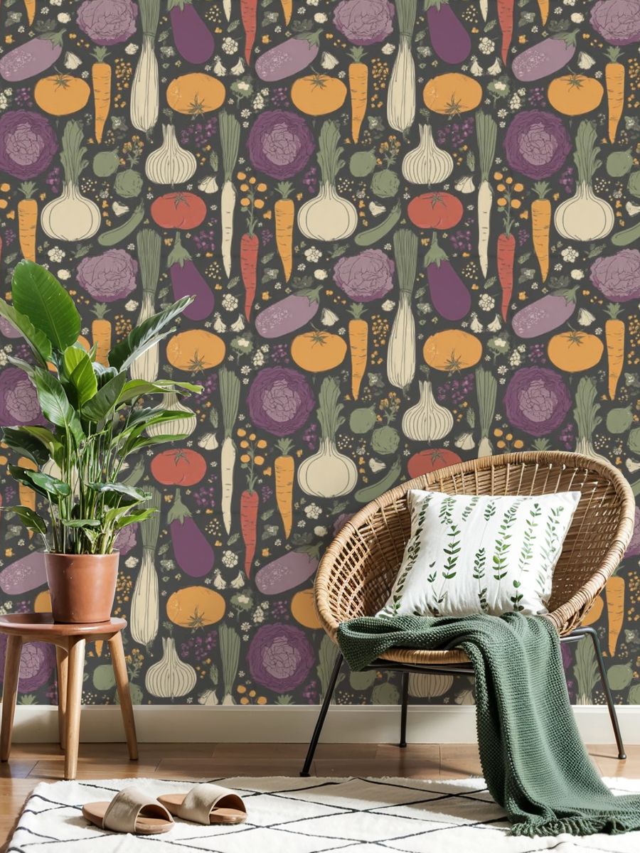Modern Peel and Stick Wallpaper 23.6in x 9.8ft Colorful Vegetable Carrots Tomatoes Eggplants Onions Cabbage Wall Mural Self-Adhesive Removable Wall Paper for Kitchen Cabinet Renter Friendly