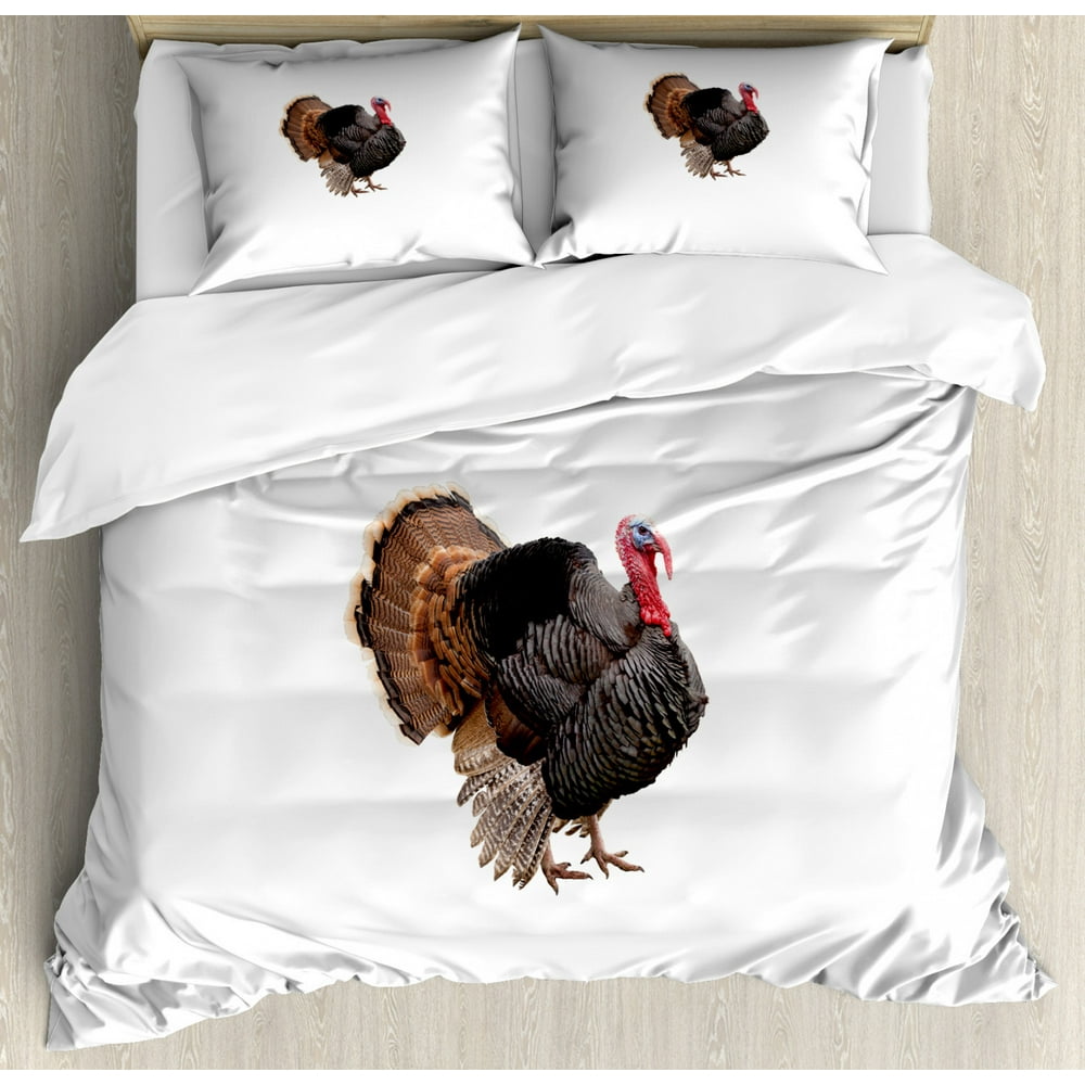Turkey Duvet Cover Set, Realistic Bird Picture Thanksgiving Day Family