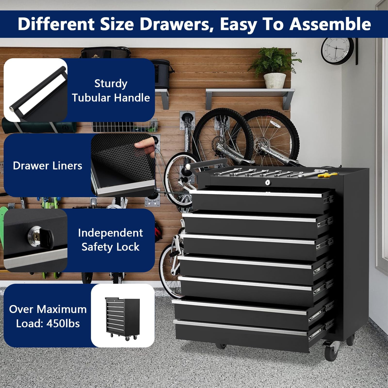 Yiwa 7-Drawer Rolling Tool Chest, 24 Inch Heavy Duty Lockable Tool