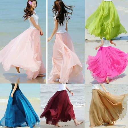 - Women Boho Double Layer Maxi Dress Chiffon Long Sundress Summer Lady Beach Skirt