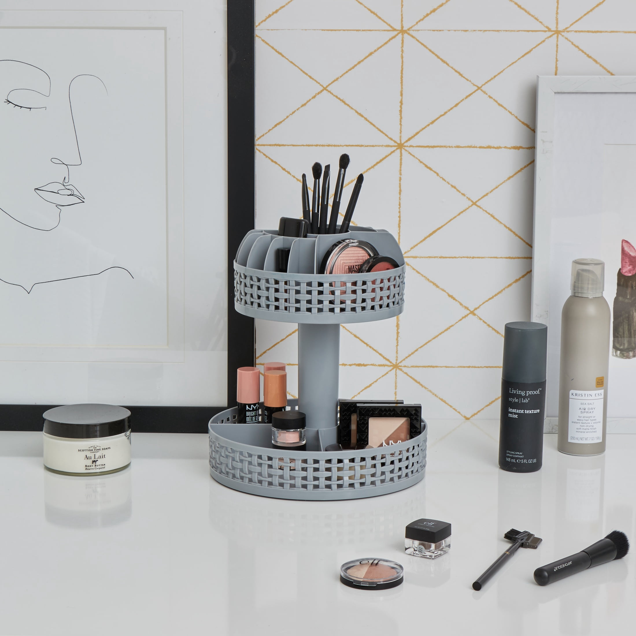 Thinkspace Beauty Brand Freestanding Rotating Beauty Organizer  with 17 Compartments to Hold Different Sized Items. Gray.