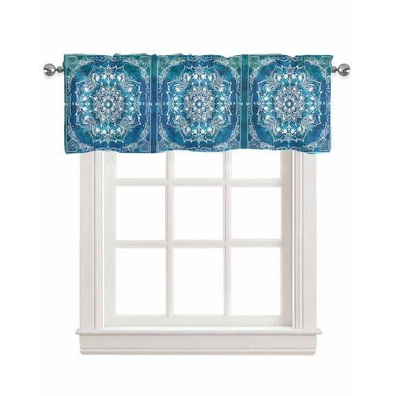 Teal Green Boho Kitchen Valances for Windows Farmhouse Linen Window Valance Curtain for Living Room Window Treatment Abstract Floral Modern Ethnic Tribal Valance Rod Pocket Topper Drape, 54 x 18 Inch