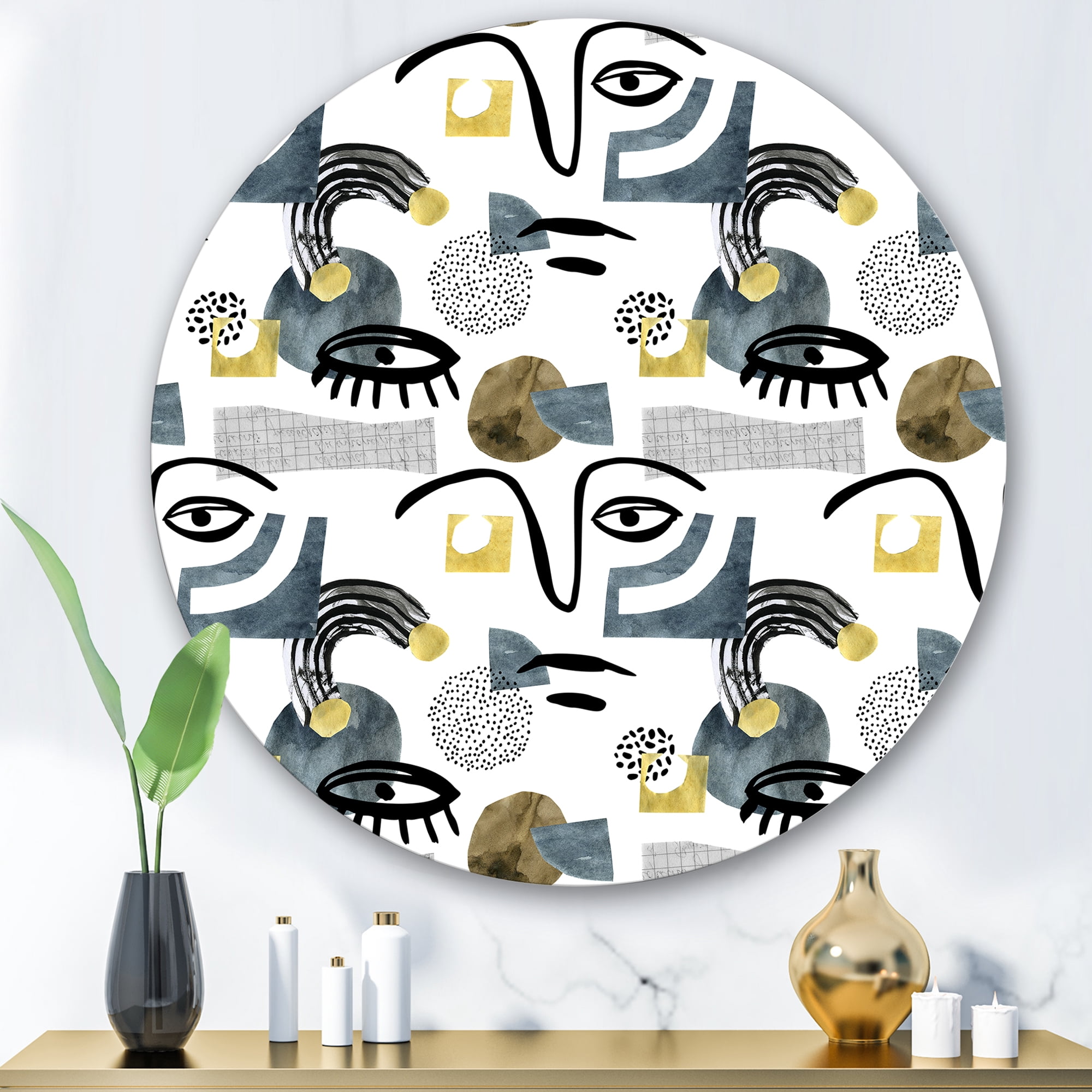 Designart 'Collage of Eyes And Doodles In Contemporary Style I' Modern Circle Metal Wall Art 29x29 - Disc of 29