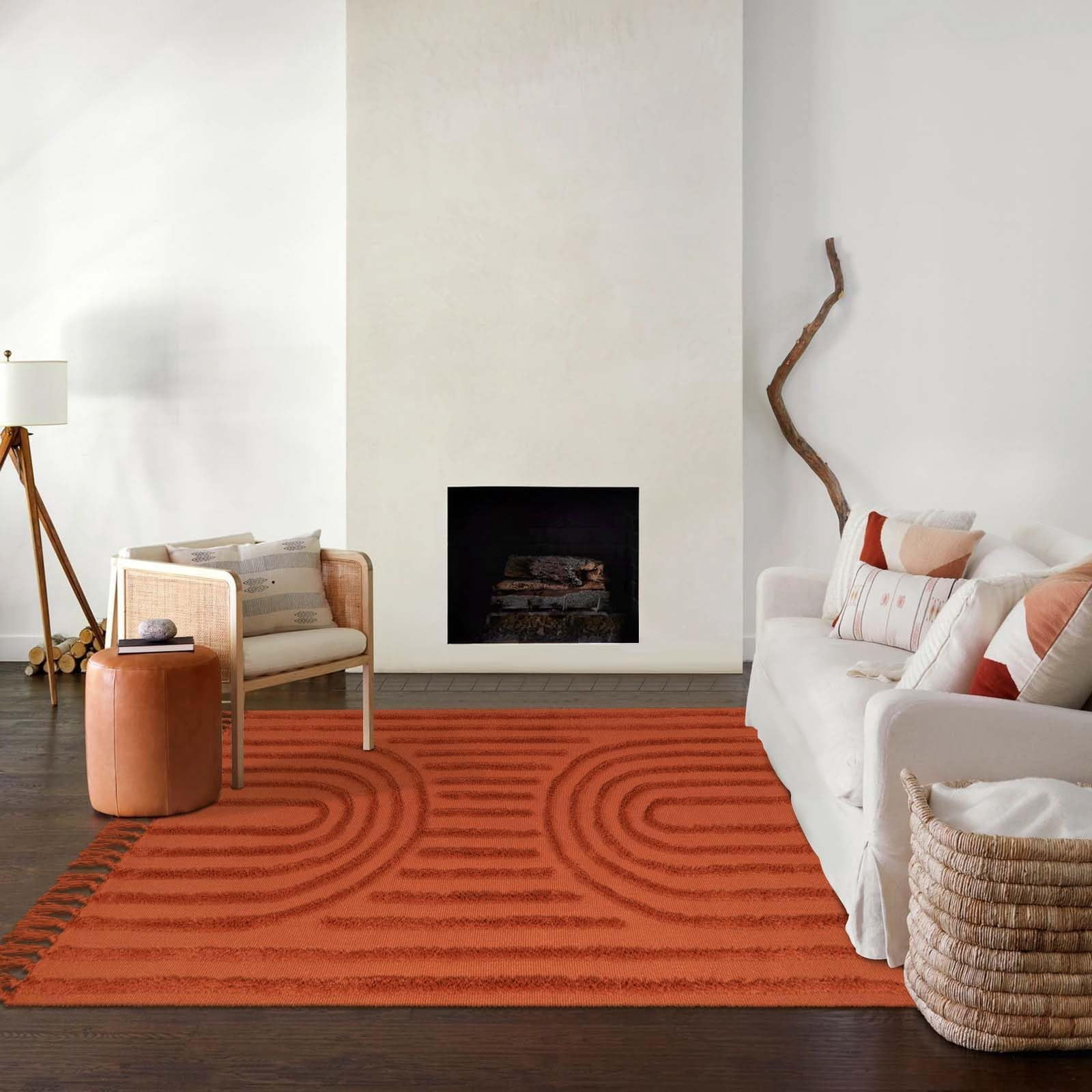 SUNDEREY Modern Rainbow Area Rug,3'x5' Washable Bedroom Rugs,Boho Terracotta Woven Floor Carpet With Tassel, Modern Farmhouse Tufted Rug For Living Dining Room Kitchen Entryway Bathroom,Red