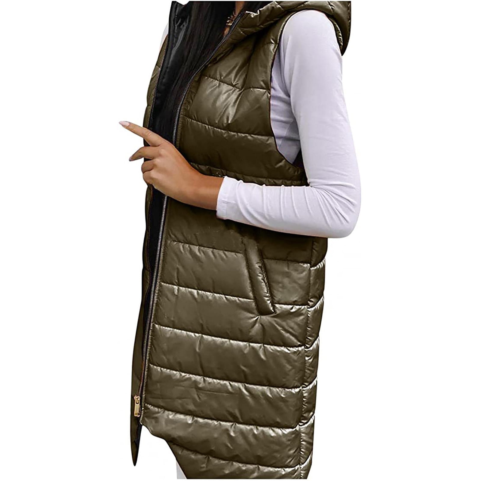 Long Down Hooded Vest For Women Lightweight Sleeveless Puffer Down Jacket  For Winter Solid Color Zipper Gilet Jacket With Pocket 