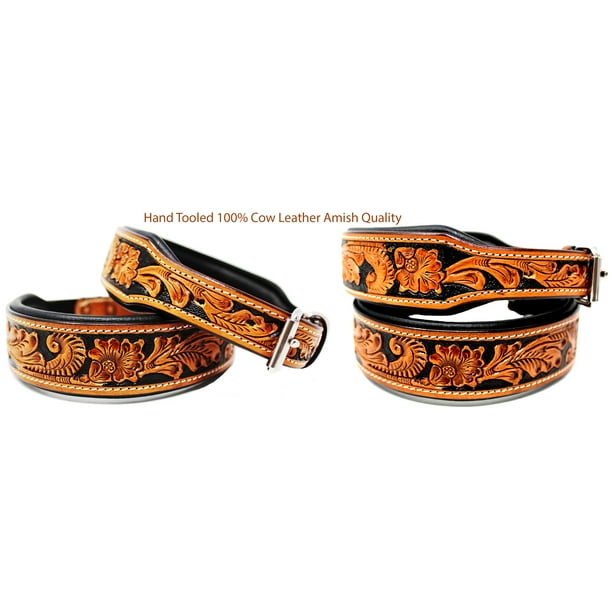 Small 13'' 17'' Puppy Dog Collar Tooled Carved 100 Cow Leather Amish