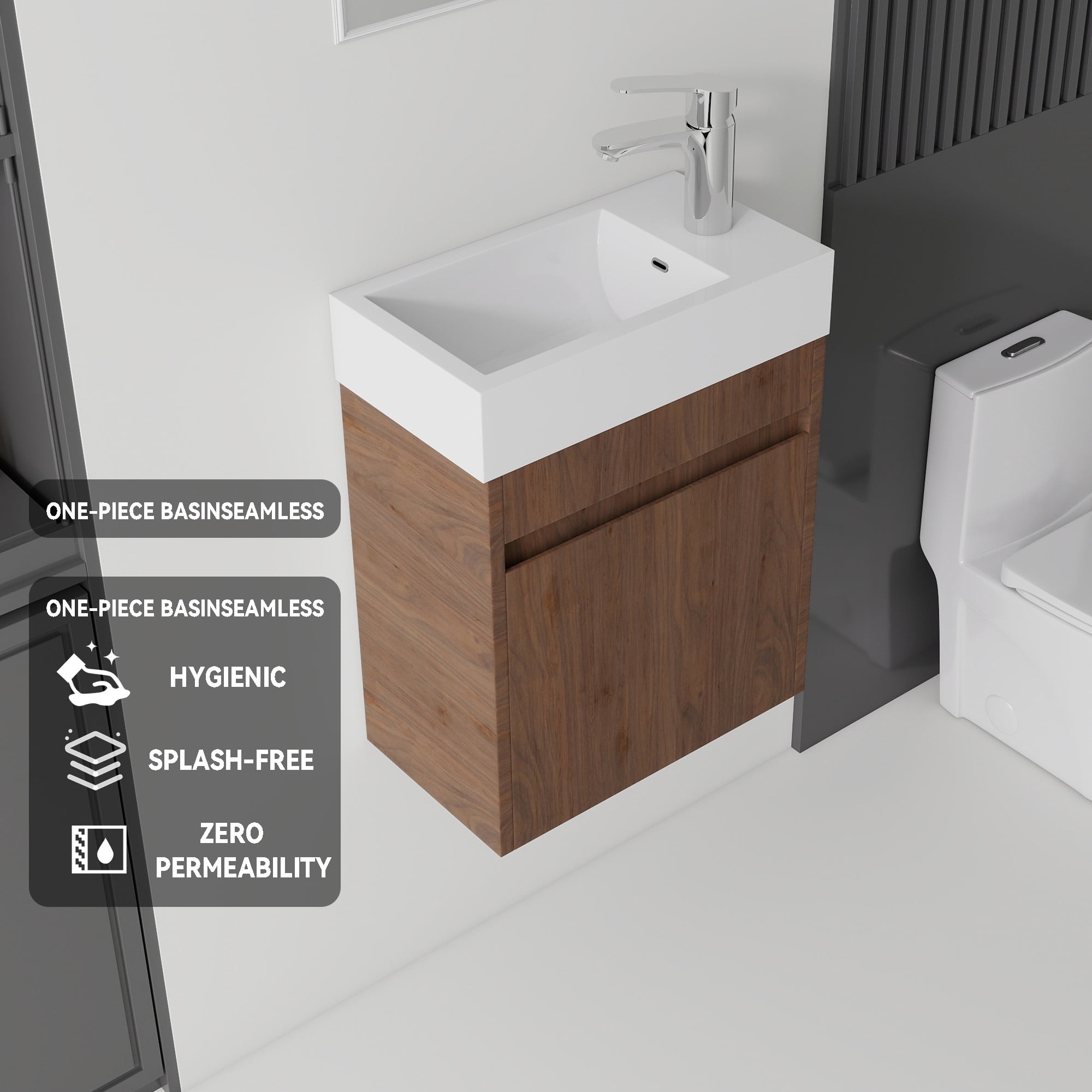 Leumius 18" Floating Bathroom Vanity with Ceramic Sink,Modern Wall Mounted Basin Cabinet with Soft-Close Doors for Small Bathrooms,Brown