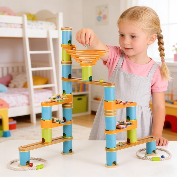UDEAS Marble Run Building Toys for Kids, 98 Pcs Bamboo Marble Race Track with Glass Marbles, Building Blocks and STEM Toys for Boys and Girls for Kids 4-6