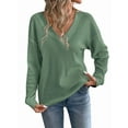 thumbnail image 3 of Blusas de Punto Gofre para Mujer, Blusas Casuales de Larga con Farol, Cuello en V, Camisetas Oversize. Verde S, 3 of 8