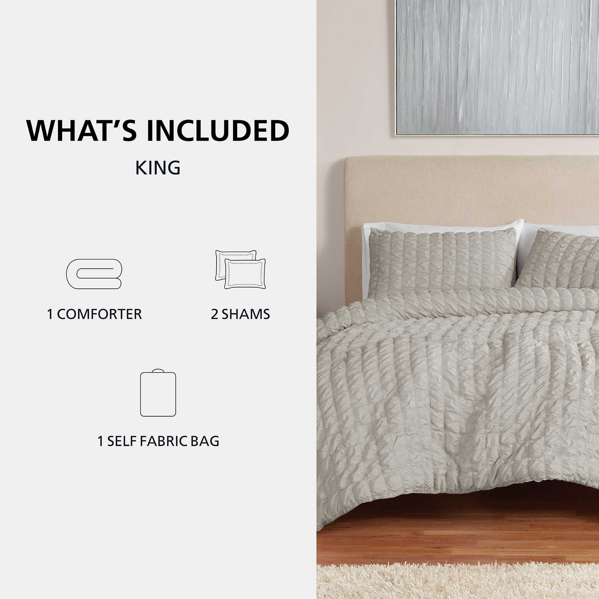 Mainstays King Comforter Set, All-Season, 3-Piece, Grey Puffy Seersucker