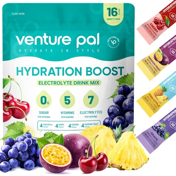 Venture Pal Sugar Free Electrolyte Powder Packets - Daily Drink Mix | 5 Vitamins & 7 Electrolytes| Keto Friendly | Non-GMO | Certified Vegan | 16 Sticks