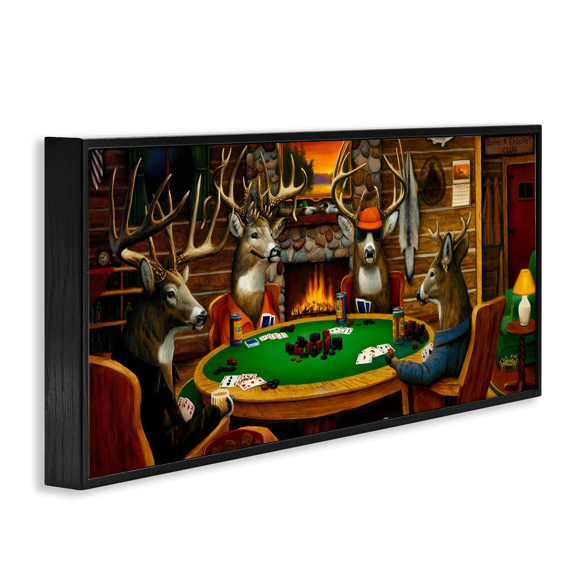 Stupell Industries Deer Animals Playing Poker Table Cabin Lodge Painting Black Framed Art Print Wall Art, Design by Leo Stans