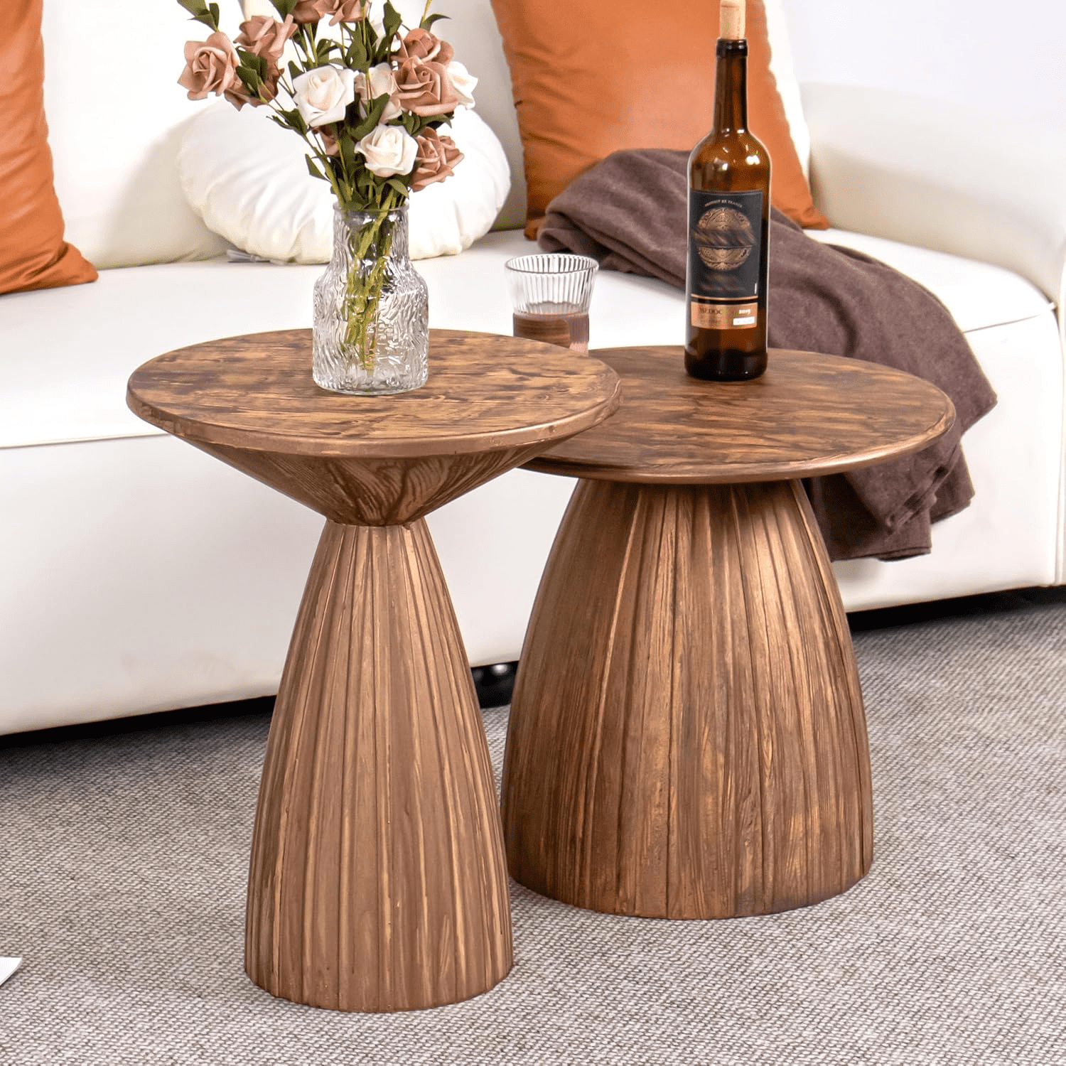Outdoor Side Tables Set of 2, Small Round End Table, Weather Resistant Metal Steel Side Table for Patio Yard Balcony Garden Bedside, No Assembly, Brown