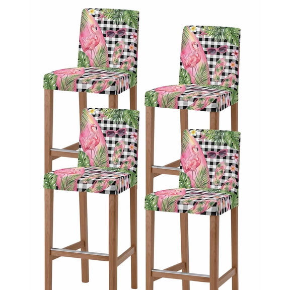 Summer Flamingo Bar Stool Covers Set of 4, Tropical Plants Botanical Floral Black Plaid Stretch Bar Chair Covers with Backs, Removable Pub Counter Height Chair Cover for Kitchen Dining Room Cafe