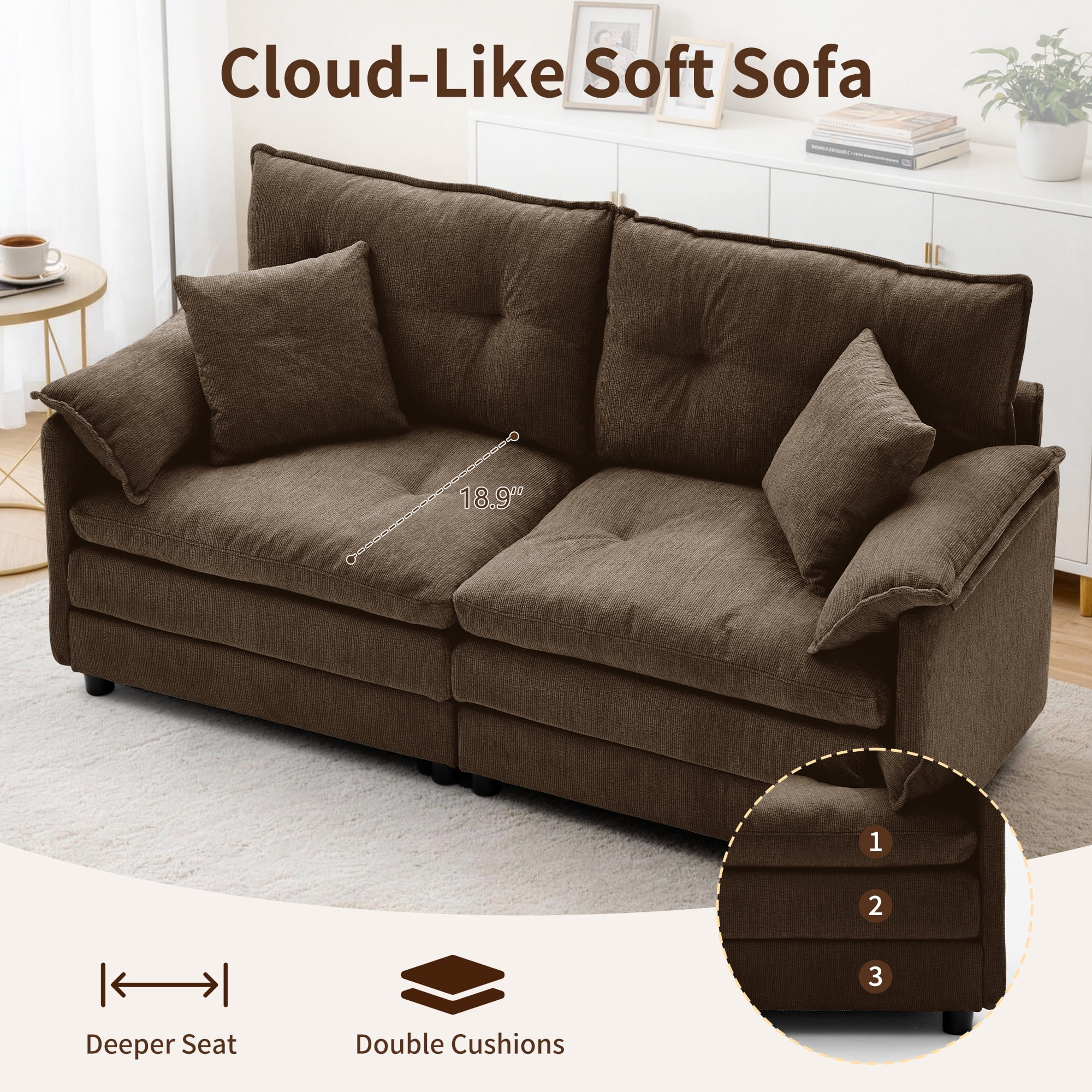 Korser Loveseat Sofa with Deep Seat Cloud Couch with 2 Pillows,Chenille 2-Seater Sofa Small Couch for Living Room,Assembly Required,Brown