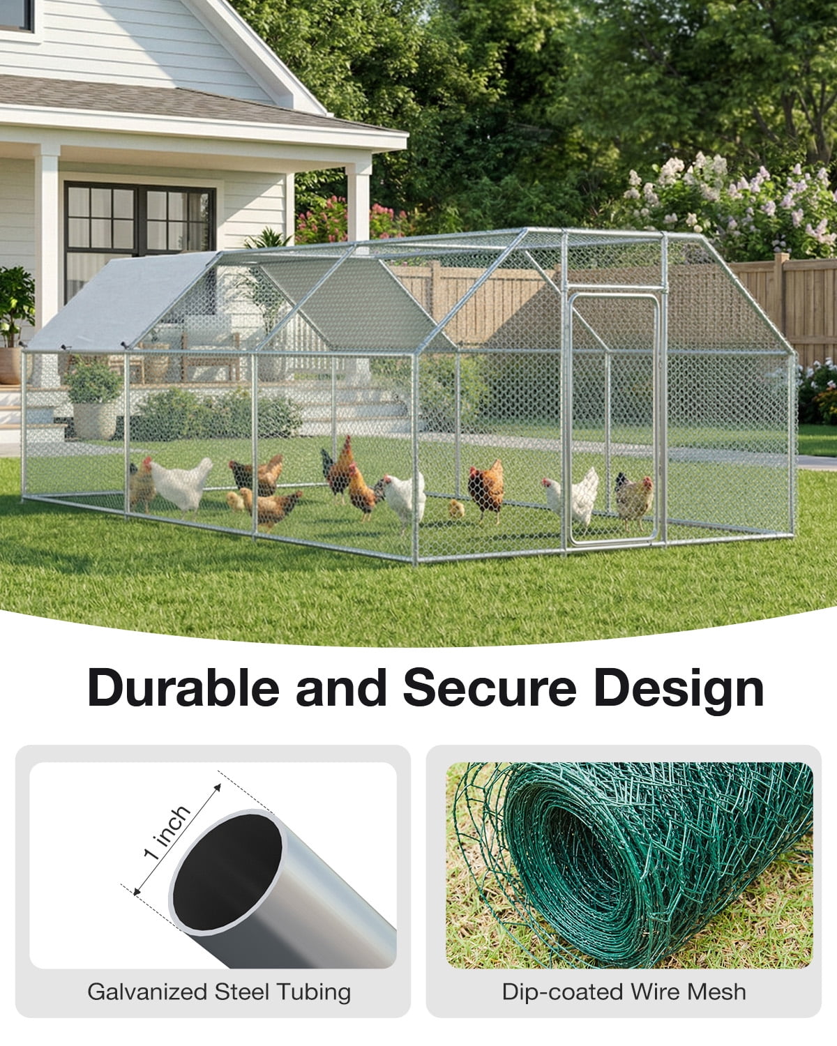YODOLLA Outdoor Chicken Playpen 19' x 9' x 6.5' Walk-in Metal Hen Cage with Waterproof Cover Chicken Coop Enclosure