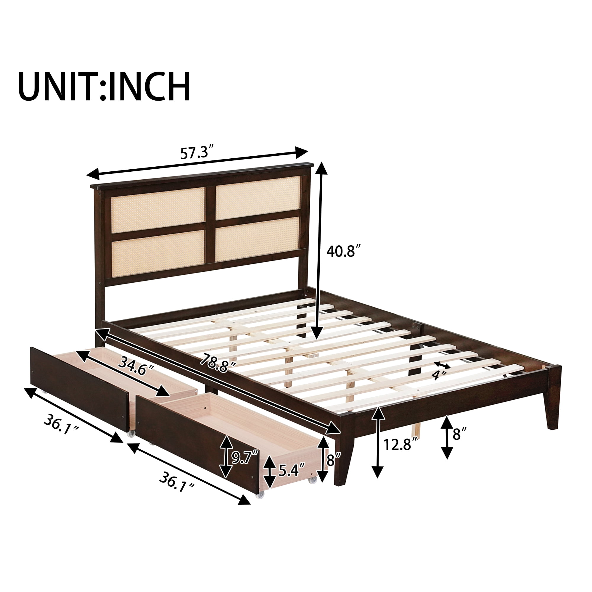 Sailvan Full Size Bed with Rattan Headboard, 2 Drawers, Rubber Wood Bed with Support Slats and Feet
