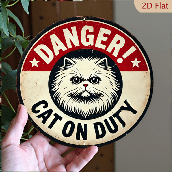 Grumpy Cat on Duty Circular Metal Sign 8x8 Inch Vintage Style Distressed Aluminum Wall Art for Home Decor and Funny Office Decoration