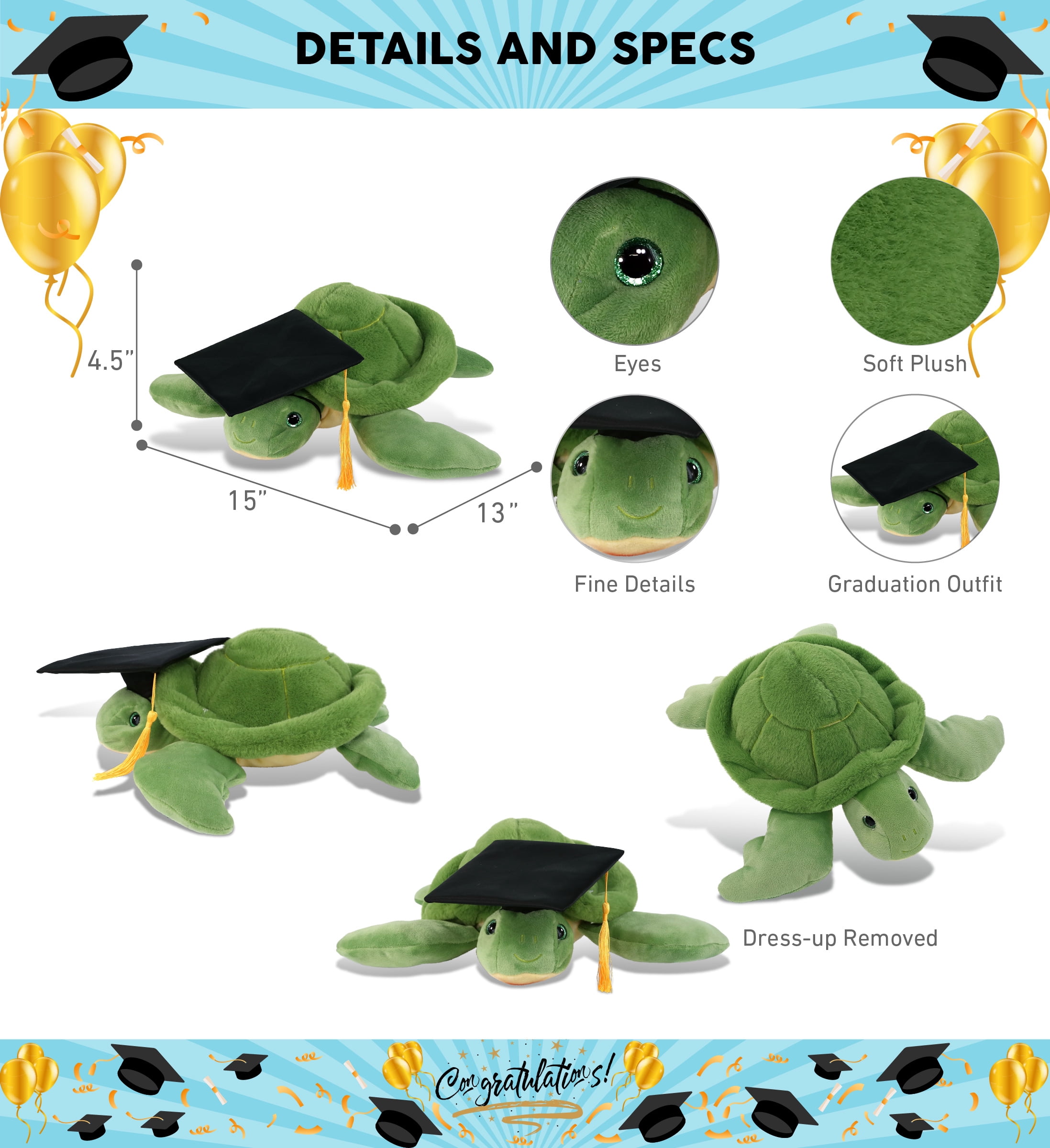DolliBu Green Sea Turtle Graduation Plush Toy - Super Soft Turtle Graduation Stuffed Animal Dress Up with Graduation Cap with Tassel - Reward Celebration Grad Gift - 13 Inch