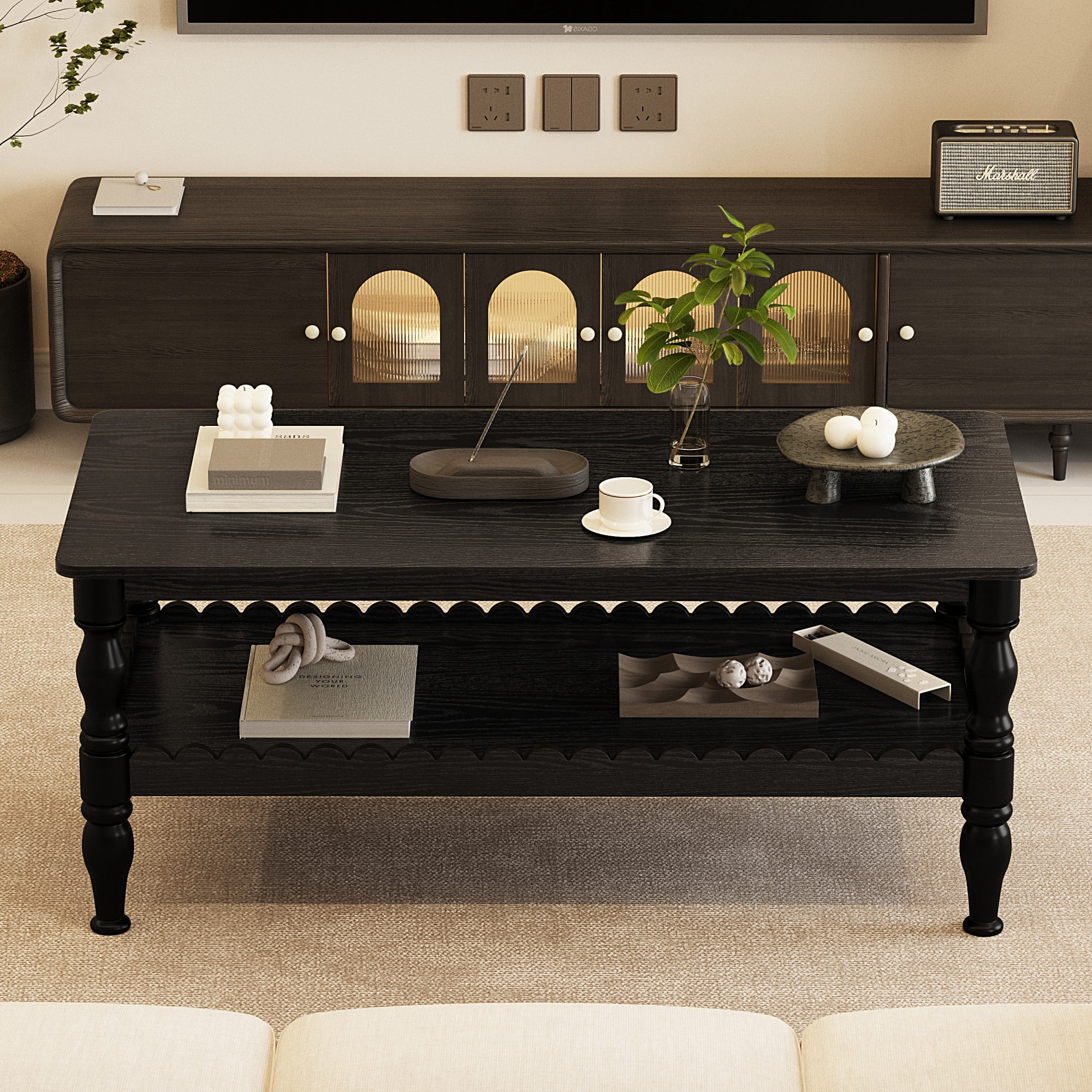 BSHTI Antique Black 43.3” Rectangle Coffee Table with 2-Tier Design and Storage Shelf(Antique Black)