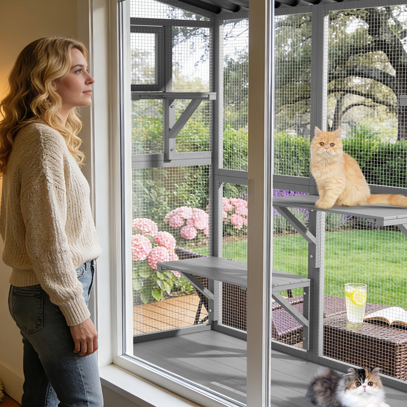 TIMHAKA Wooden Cat Window Box Enclosure w/ 4 Platforms for Multiple Indoor Cats