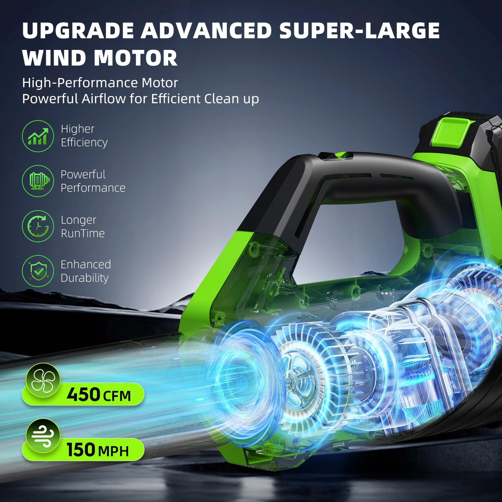 Cordless Leaf Blower, 2 * 20V 2.6AH Batteries and Fast Charger, Electric Leaf Blowers Up to 450CFM &150MPH, 2 Speed Mode, Lightweight for Lawn,Yard, Leaves, Dust Care (GREEN)