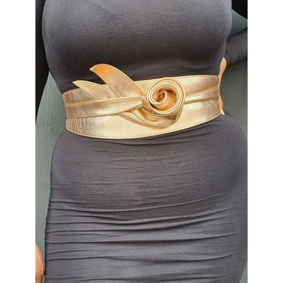 Rose Gold Leather brass buckle obi belt, metallic leather wrap belt, handmade leather belt, gift for her, long wide belt - Gitas Portal