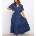 thumbnail image 5 of Fesfesfes Spring Dresses for Women Casual Solid Color V-neck Boho Dress Waist Lace-up Flared Short Sleeve Ruffle Splicing Part Dress, 5 of 6