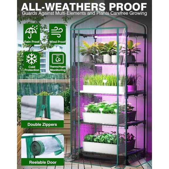 4 Tier Gardening Shelves Mini Greenhouse, 36W 2FT LED Grow Light 4 Dimmable 3 Color, Wheel Cabinet with Thermometer PVC Cover, Portable Indoor Outdoor Small Plant Green House -