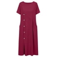 thumbnail image 5 of Danhjin Women's Summer Short Sleeve Linen Flowy Crewneck Dress Casual Loose A-Line Midi Long Beach With Hem Dress Vacation Outfits Wrinkle-Free Button Down, 5 of 9