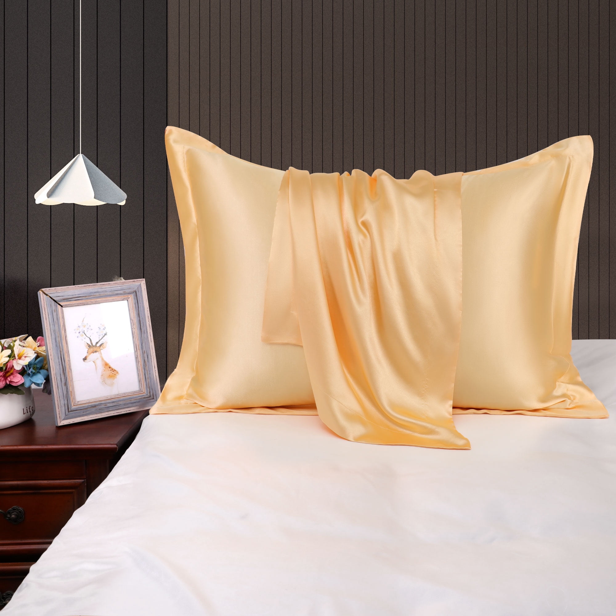 Unique Bargains Retro Satin Ruffle Pillowcases 2Pack with Envelope Gold Queen