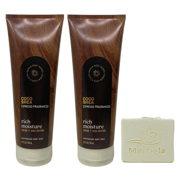 Bath & Body Works Coco Shea Espresso Fragranced 2 Pack Moisturizing Body Wash Bundle with a Natural Oats Bar Soap - Full Size