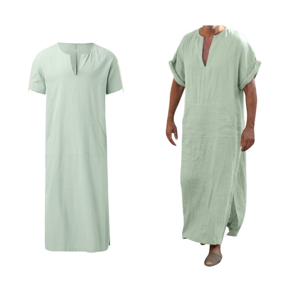 Mens Kaftan Thobe Casual Short Sleeve Mens Thobe V Neck Muslim Clothes for Men Green Abaya