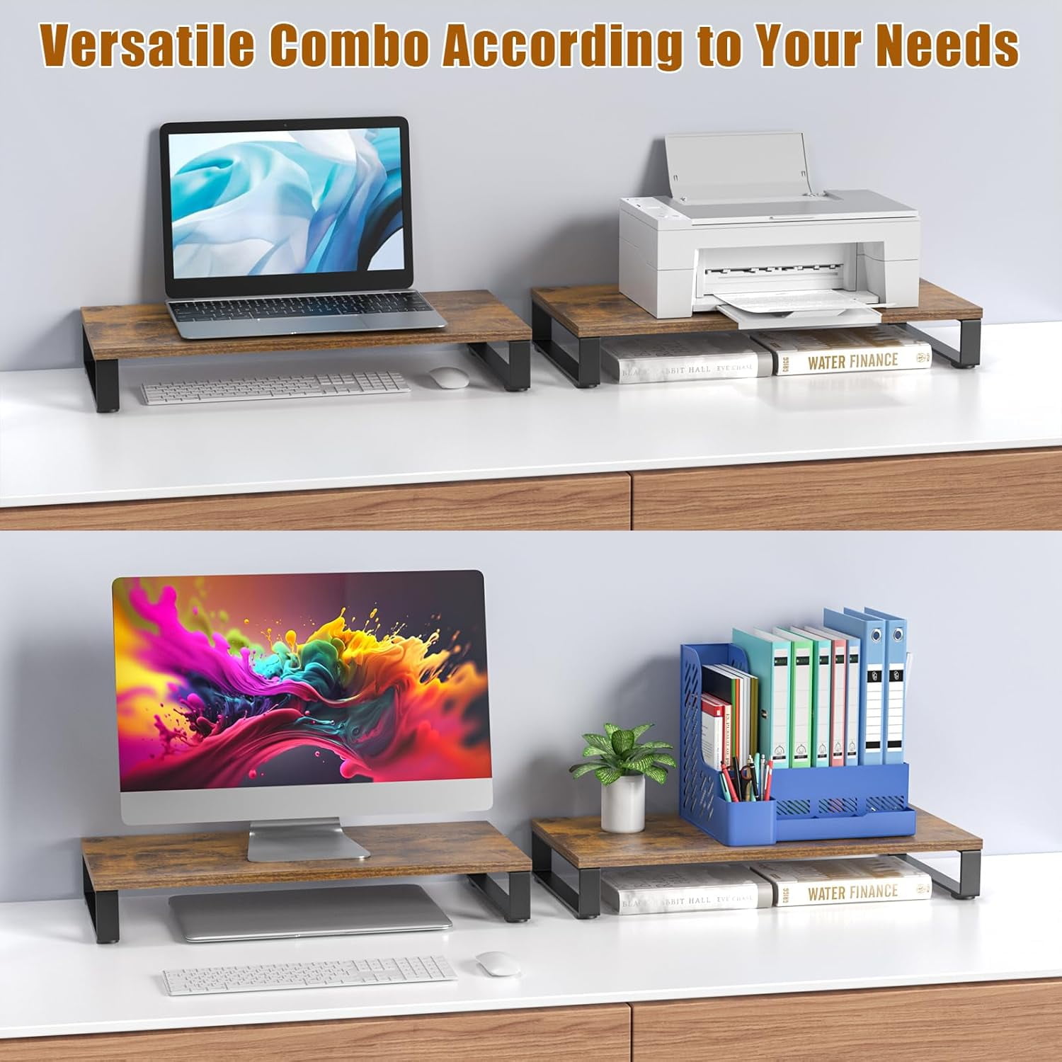 Monitor Stand for Desk, Wood & Steel Computer Stand Riser with Storage Organizer for Office Laptop, PC, Printer 24x12 inch
