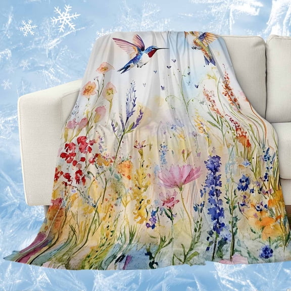 Spring Hummingbird Floral Cooling Blanket,Lightweight Breathable Summer Throw Blanket with Double Sided Cold Effect,Farmhouse Flower Botanical Picnic Blankets Bed Sheet for Hot Sleepers 60"x80"