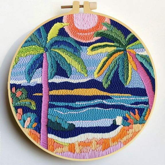 Punch Needle Kits Palm Tree and Seaside Scenery DIY Embroidery Starter Set with Hoop Easy for Beginners Stress Relief Handmade Craft Hobby and Home Decor 20x20cm